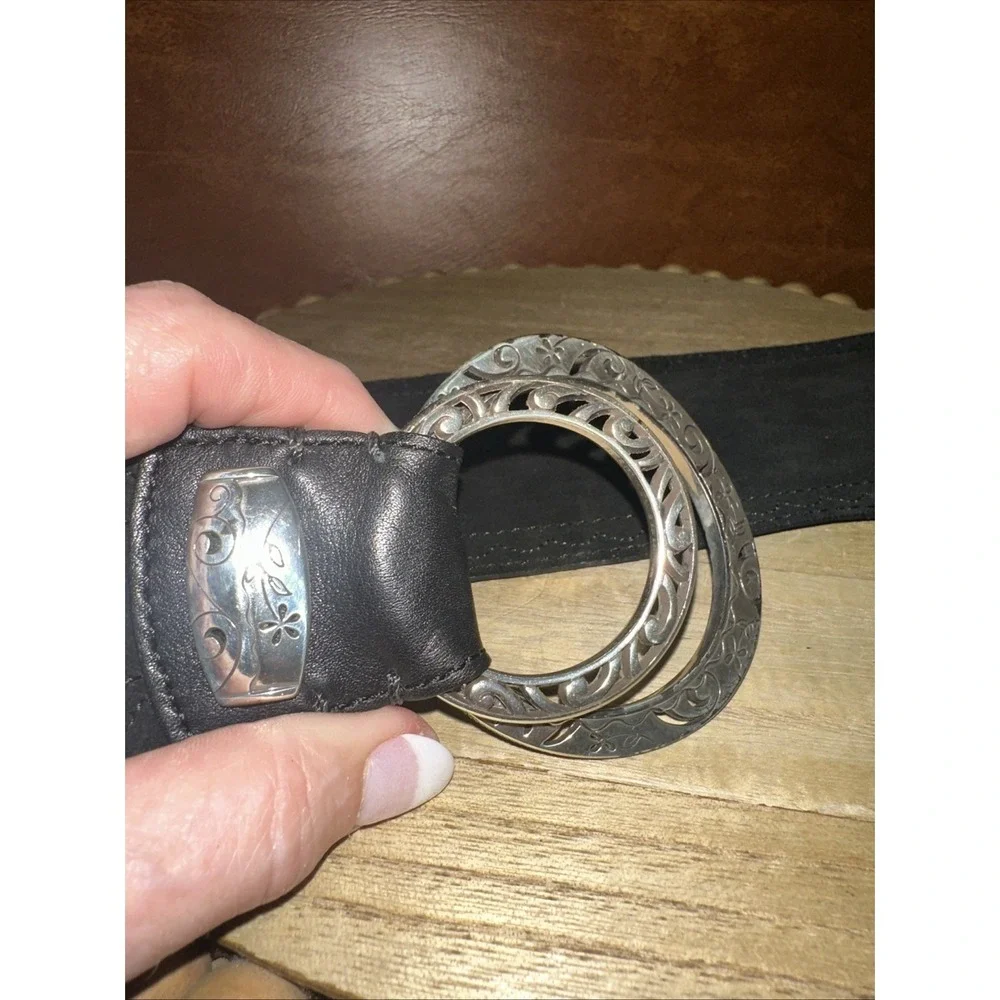 BRIGHTON women's soft black suede leather wide belt Sz L